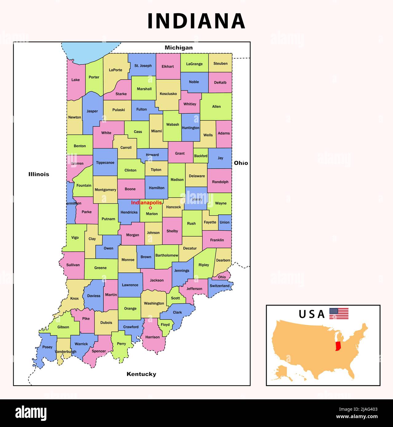 Indiana-Karte. Politische Landkarte von Indiana mit Grenzen. Stock Vektor