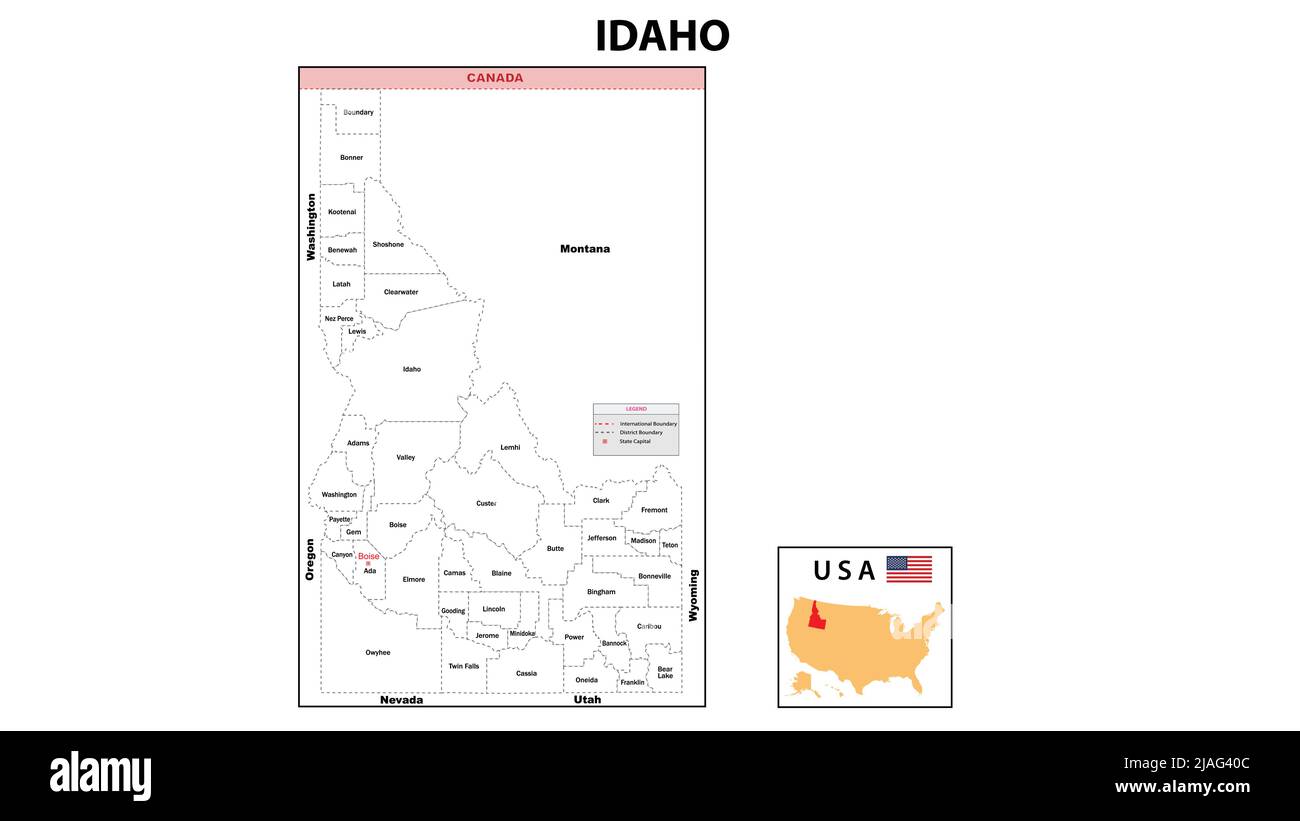 Idaho-Karte. Distriktkarte von Idaho. Distriktkarte von Idaho in Farbe mit Hauptstadt. Stock Vektor