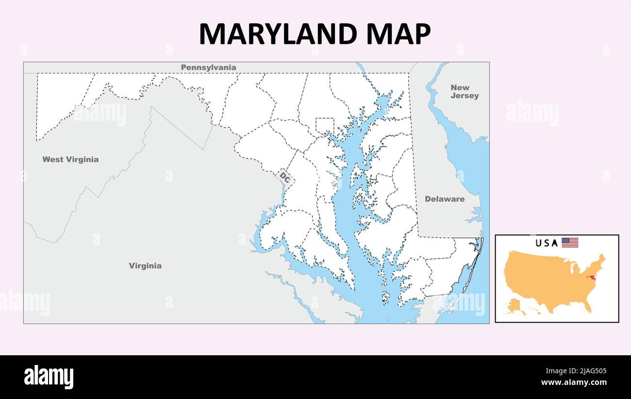 MarylandKarte. Politische Landkarte von Maryland mit weißen Grenzen