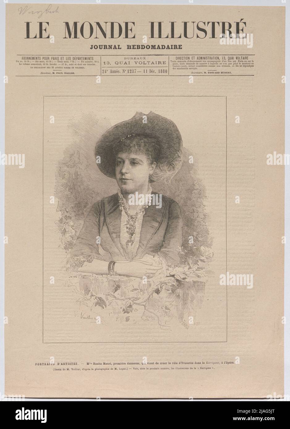 Porträts von Künstlern. - Miss Rosita Mauri, die erste Tänzerin, die gerade die Rolle der Yvonette in der Korrigane in der Oper geschaffen hat. '. Portrait der Primallerina Rosita Mauri, Darstellerin der Yvonette im Stück' La Korrigane '(aus' Le Monde Illustrated. Zeitung wöchentlich '). Gaston Vuillier (1845-1915), Künstlerin Stockfoto