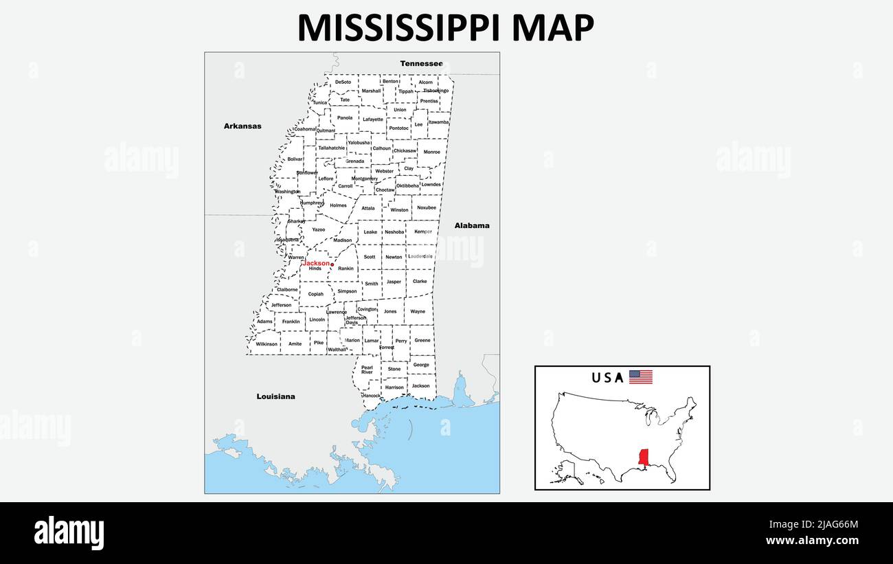 MississippiKarte. Politische Karte von Mississippi mit weißen Grenzen