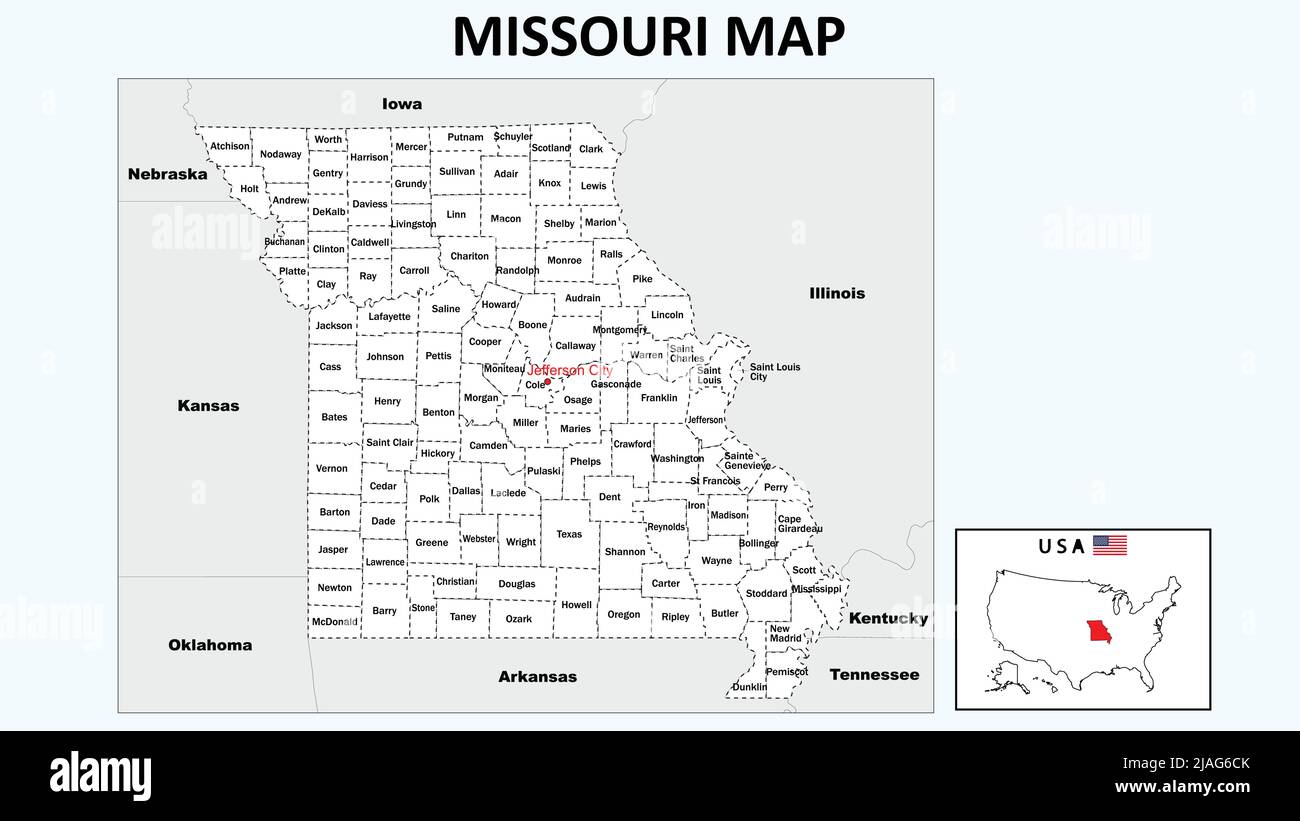 Karte Von Missouri. Politische Karte von Missouri mit weißen Grenzen