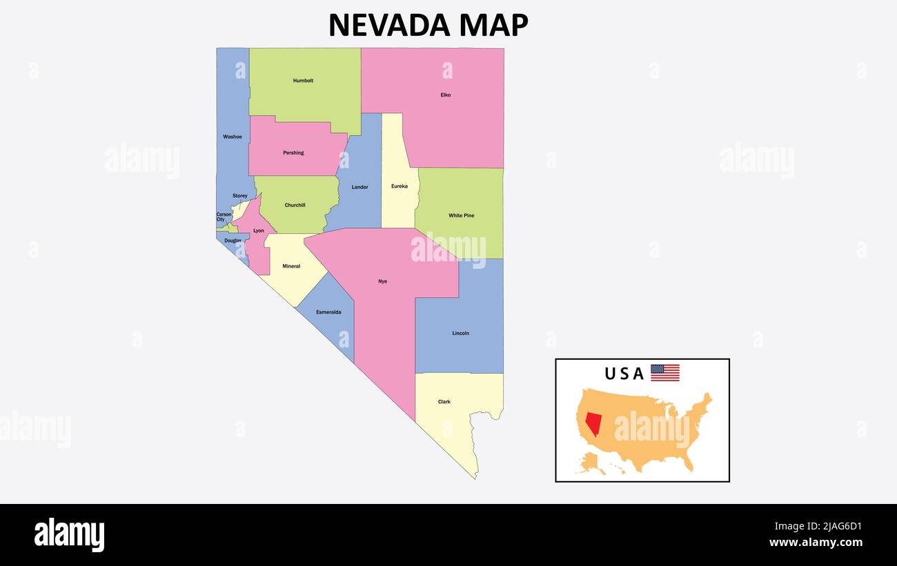 Nevada-Karte. Distriktkarte von Nevada im Jahr 2020. Distriktkarte von Nevada in Farbe mit Hauptstadt. Stock Vektor