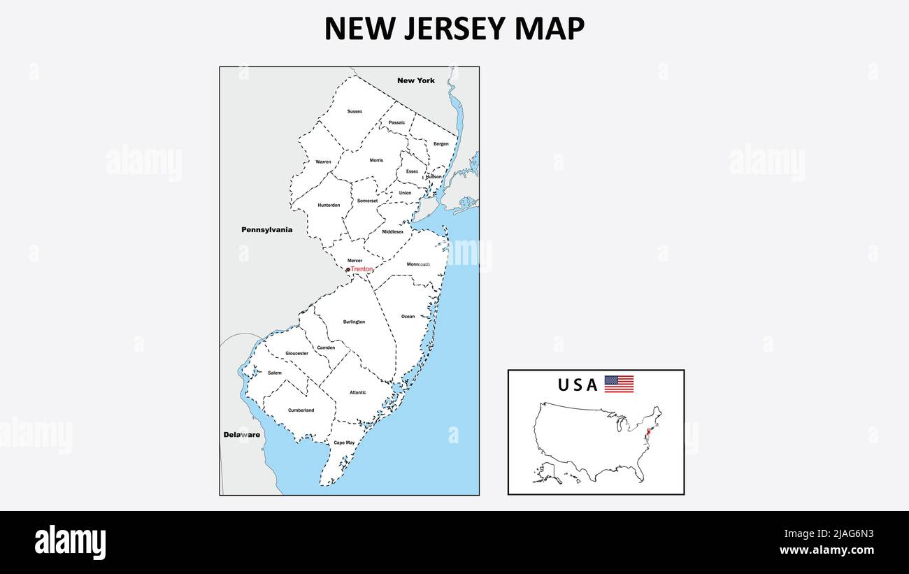Karte Von New Jersey. Politische Karte von New Jersey mit weißen Grenzen. Stock Vektor