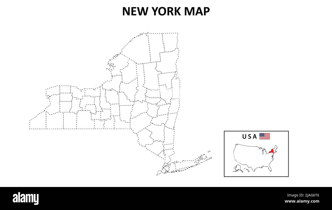 Karte Von New York. State- und District-Karte von New York. Politische Karte von New York mit Umriss und Schwarz-Weiß-Design. Stock Vektor