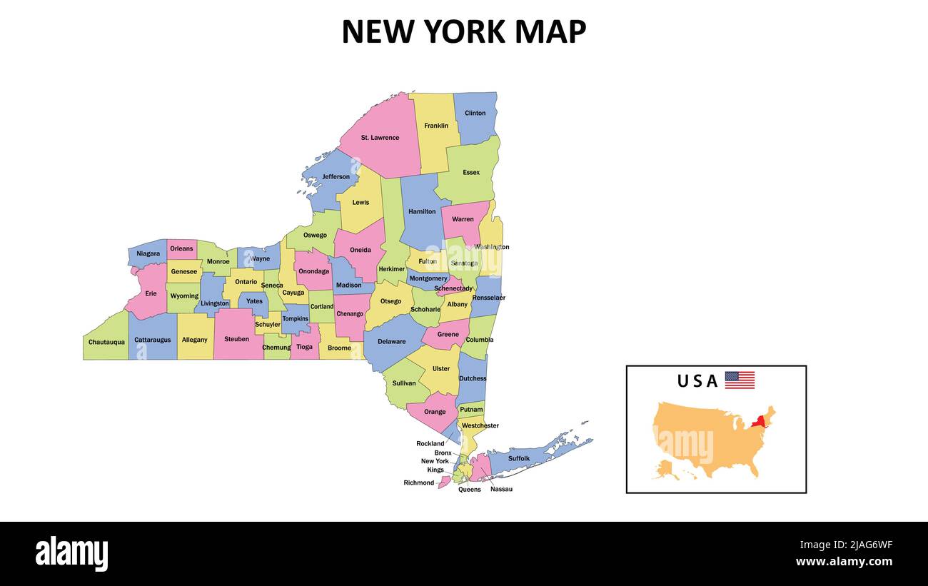 Karte Von New York. Distriktkarte von New York in Distriktkarte von New York in Farbe mit Hauptstadt. Stock Vektor