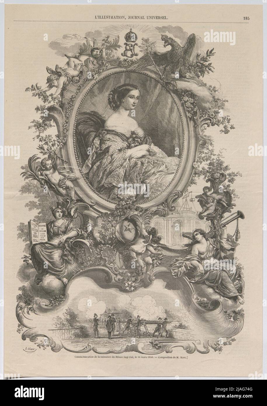 Gedenken an die Geburt des Kaiserlichen Fürsten, 16. März 1856. '. Erinnerungsfeier zur Geburt von Prinz Imperial Napoleon Eugène Louis Bonaparte am 16,3.1856; dazu Portrait der Kaiserin Eugénie de Montijo (aus' Illustration, Universalzeitung '). Unbekannt. Stockfoto