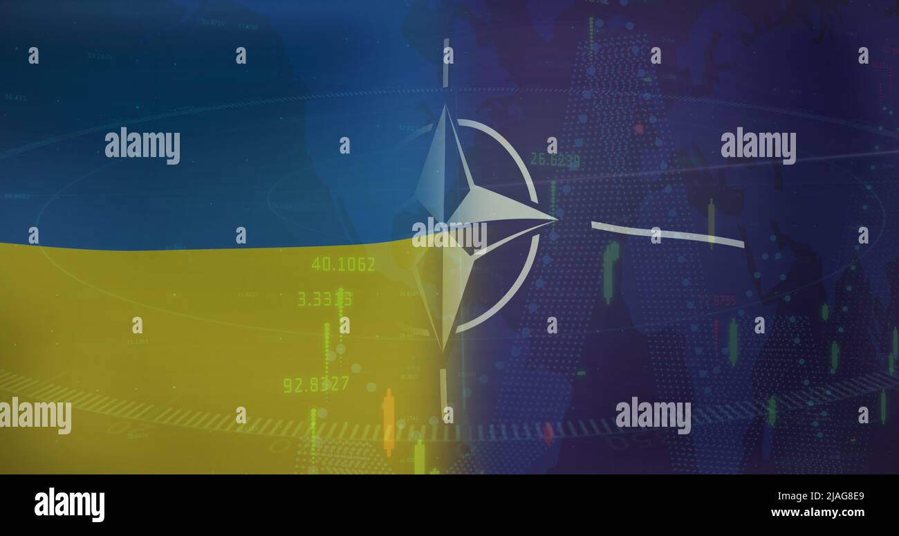 Bild des Radars und der nato-Flagge über der Flagge der ukraine Stockfoto