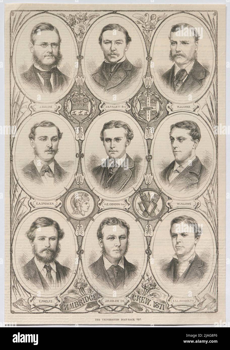 Die Universitäten Boot-Rennen. '. Das Team des Cambridge des Boat Race auf der Themse (aus den Illustrated London News). Stockfoto