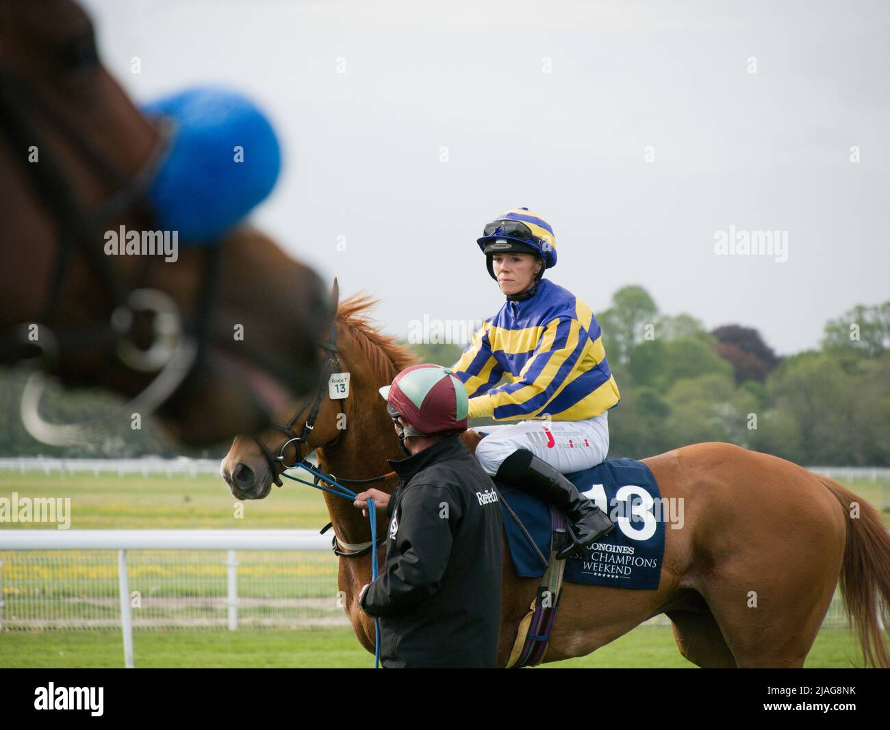 Jockey Laye McManoman auf der Pferderennbahn von York vielleicht sogar nie. Stockfoto