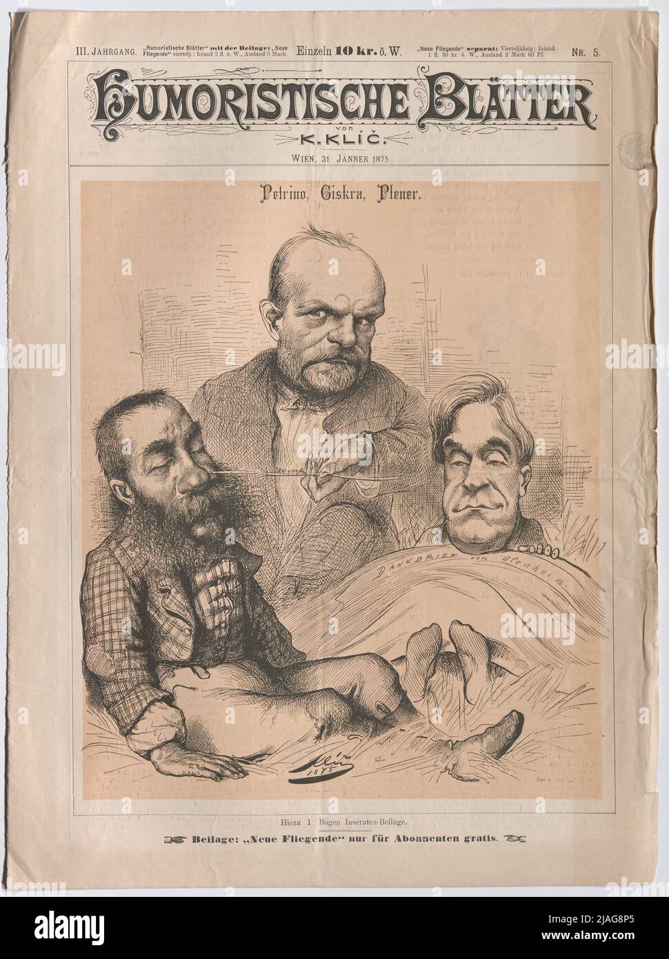 Petrino, Giskra, Plener“. Petrino, Giskra, Plener („Humoristische Blätter“). Karl Klic (1841-1926), Karikaturist Stockfoto