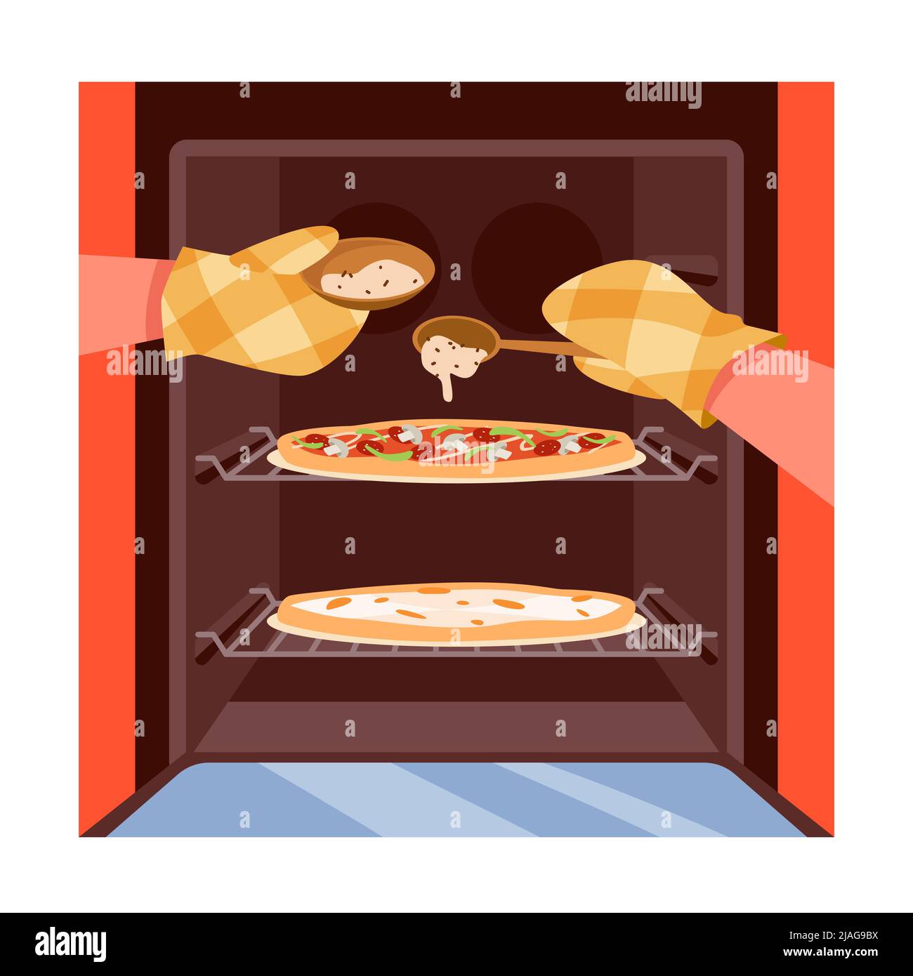 Die Hände des Küchenchefs in feuerfesten Handschuhen öffnen die Backofentür und geben Käse auf die hausgemachte Pizza Stock Vektor