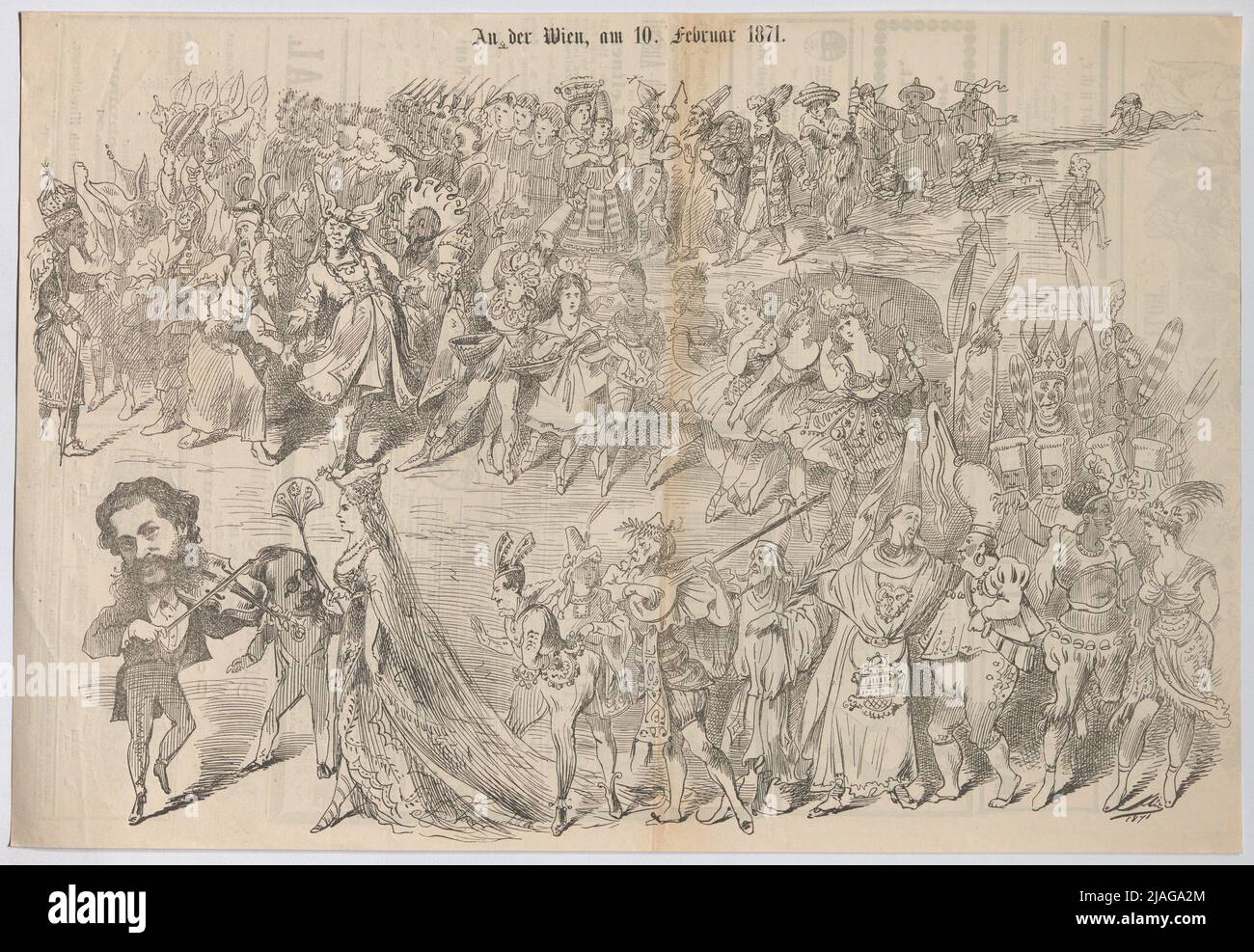Am 10. Februar 1871 in Wien. '. Johann Strauß (Sohn) führt einen Umzug nach Wien (Karikatur von der Seite des 'Flohs'). Karl Klic (1841-1926), Karikaturist, Johann Tomassich, Realisation Stockfoto