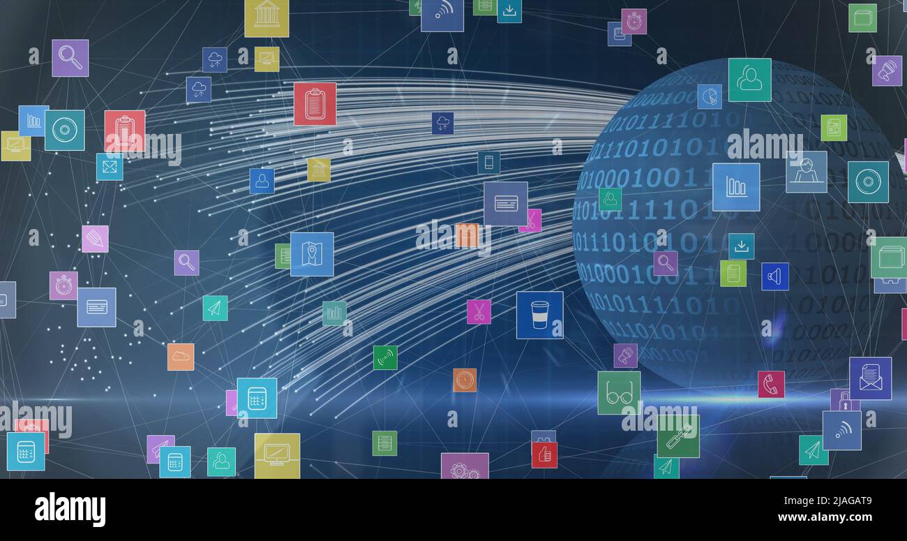Digitales Bild von mehreren digitalen Symbolen schwimmend gegen binäre Codierung auf Globus. Computer-Schnittstelle und Technologie-Konzept Stockfoto