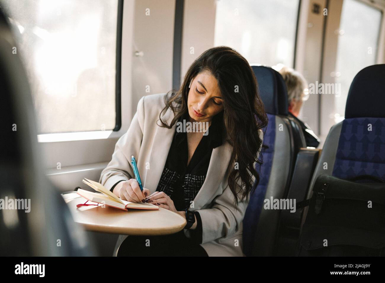 Geschäftsfrau, die im Tagebuch schrieb, während sie am Zugfenster saß Stockfoto