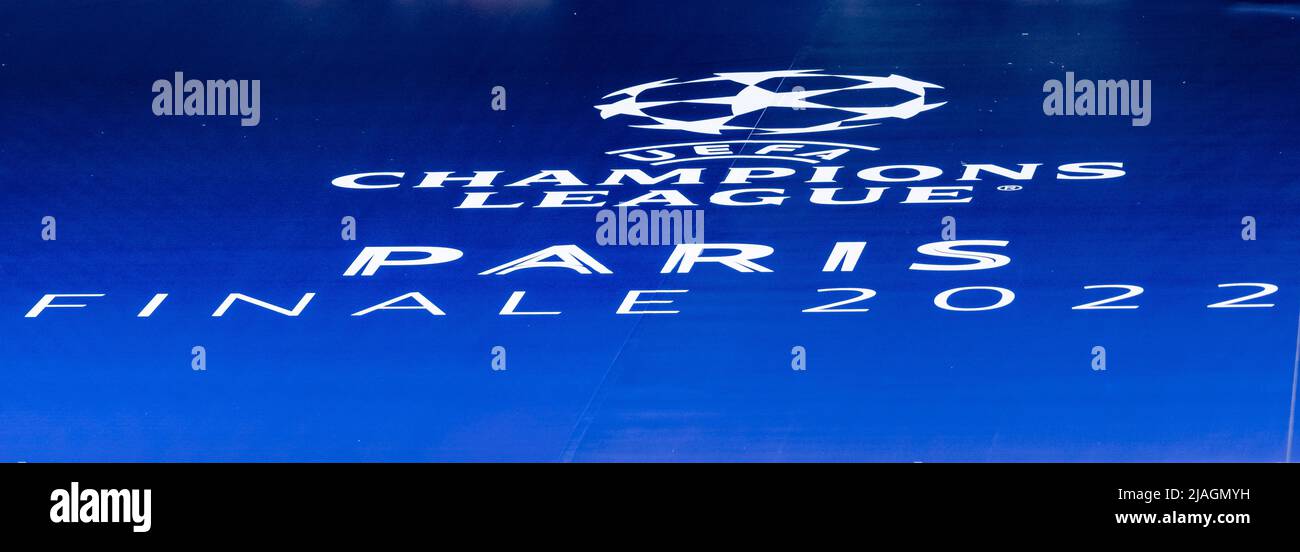 Logo UEFA Champions League; Mai 28 ; 2022 - Fußball : UEFA Champions League 2021 2022 ; Finale ; Endspiel zwischen Liverpool 0-1 Real Madrid im Stade de France ; Paris, Frankreich; ;( Foto von aicfoto)(ITALIEN) [0855] Stockfoto