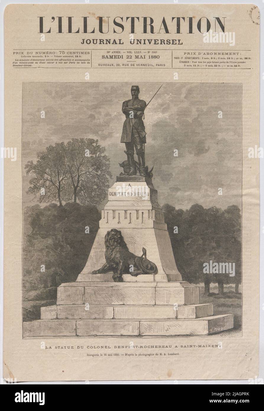 Die Statue des Oberst Denfert-Rochereau in Saint-Maixent; eingeweiht am 16. Mai 1880 '. Statue des Oberst Denfert-Rochereau in Saint-Maixent; eingeweiht AM 16.5.1880 (aus' L'Allustration. Universal Journal ', Paris). Charles Baude (1853-1935), Xylograph Stockfoto