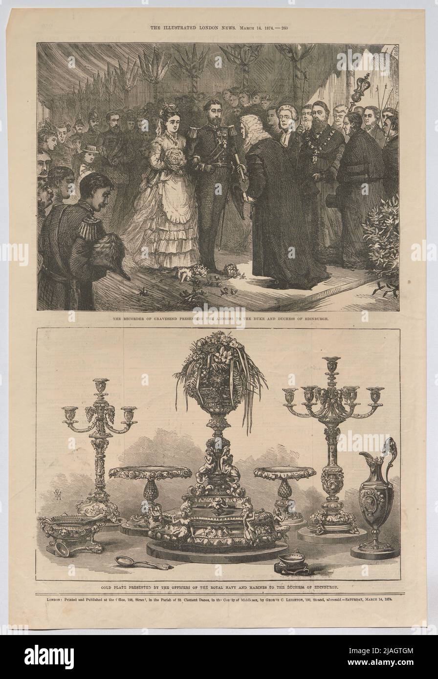 Der Schreiber von Gravesend, der die Ansprache an den Herzog und die Herzogin von Edinburgh überreicht hat; Goldplatte, die von den Offizieren der Royal Navy (...) präsentiert wurde. „ London News “). Unbekannt Stockfoto