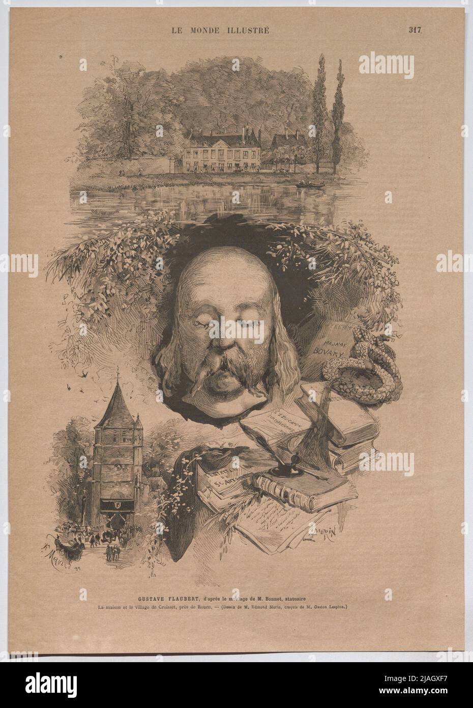 La Maison et Le Village de Croisset, Près de Rouen '. Totenmaske von Gustave Flaubert; sein Haus und das Dorf Croisset in der Nähe von Rouen (von 'Le Monde Illustré'). Fortuné Méaule (1844-1916), Xylograph Stockfoto