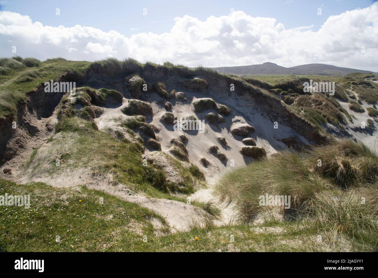 Prominente Sanddünen und die Machair eine fruchtbare, tief liegende, grasbewachsene Ebene in Clachan Sands, North Uist, Äußere Hebriden, Schottland Stockfoto