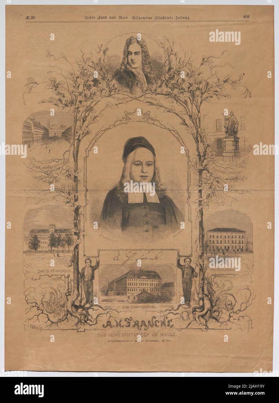 A. H. Francke und seine Stiftungswerke in Halle; Freiherr von Canstein; der innere Hof, der K: Pädagogik, das Hauptgebäude, Franckes Denkmal, (...) '. August Hermann Francke, Theologe und Pädagoge; Porträt und Stiftungsgründung in Halle (aus 'über Land und Meer. Allgemeine Illustrirte Zeitung ') . Ernst Hartmann (1818-1900), Künstler, Eduard Hallberger (1822-1880), Xylograph Stockfoto