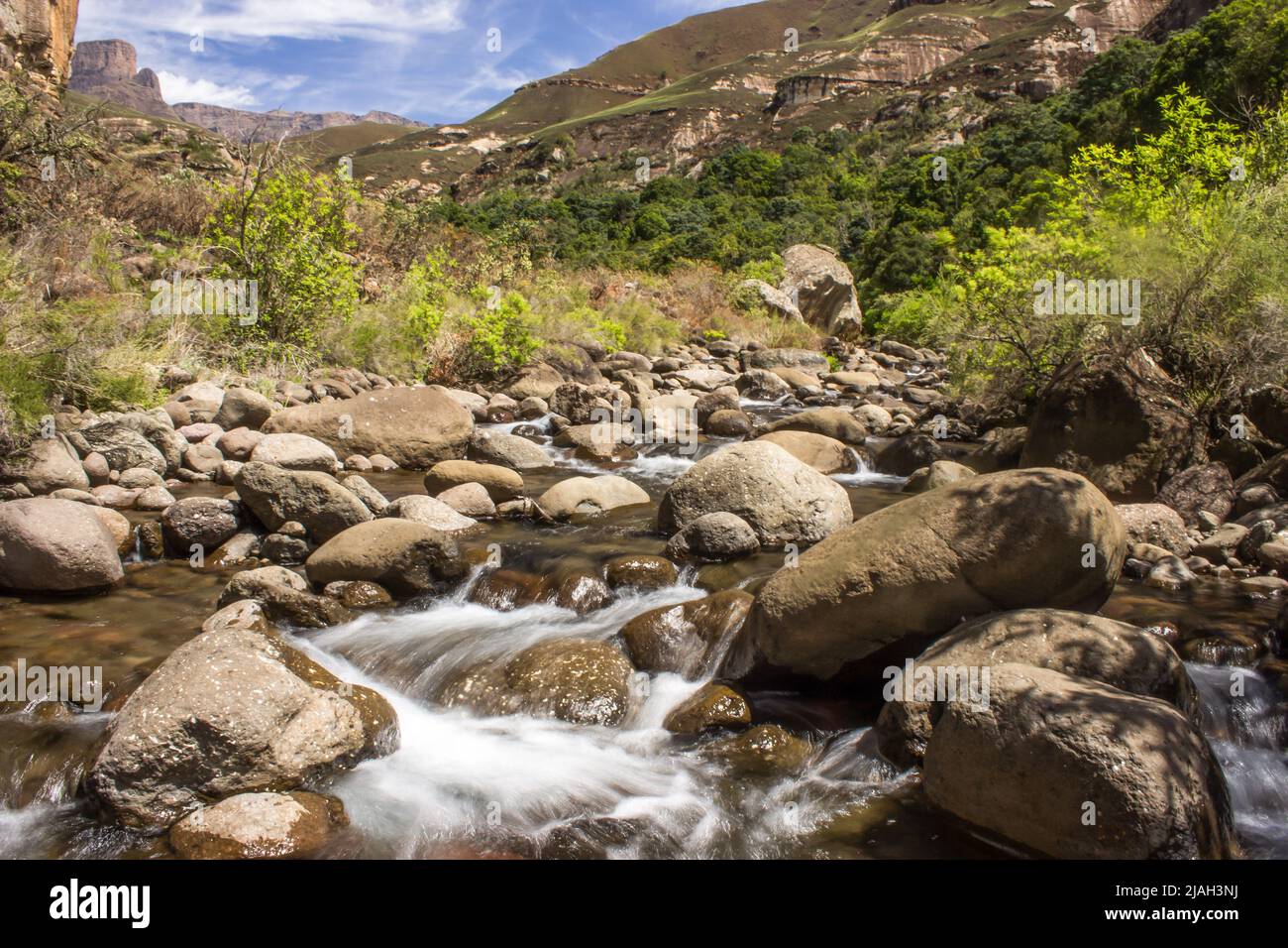Der Injisuti River, auch bekannt als Little Tugela, fließt an einem sonnigen Tag in den Drakensberg Mountains in Südafrika schnell über abgerundete Felsbrocken Stockfoto