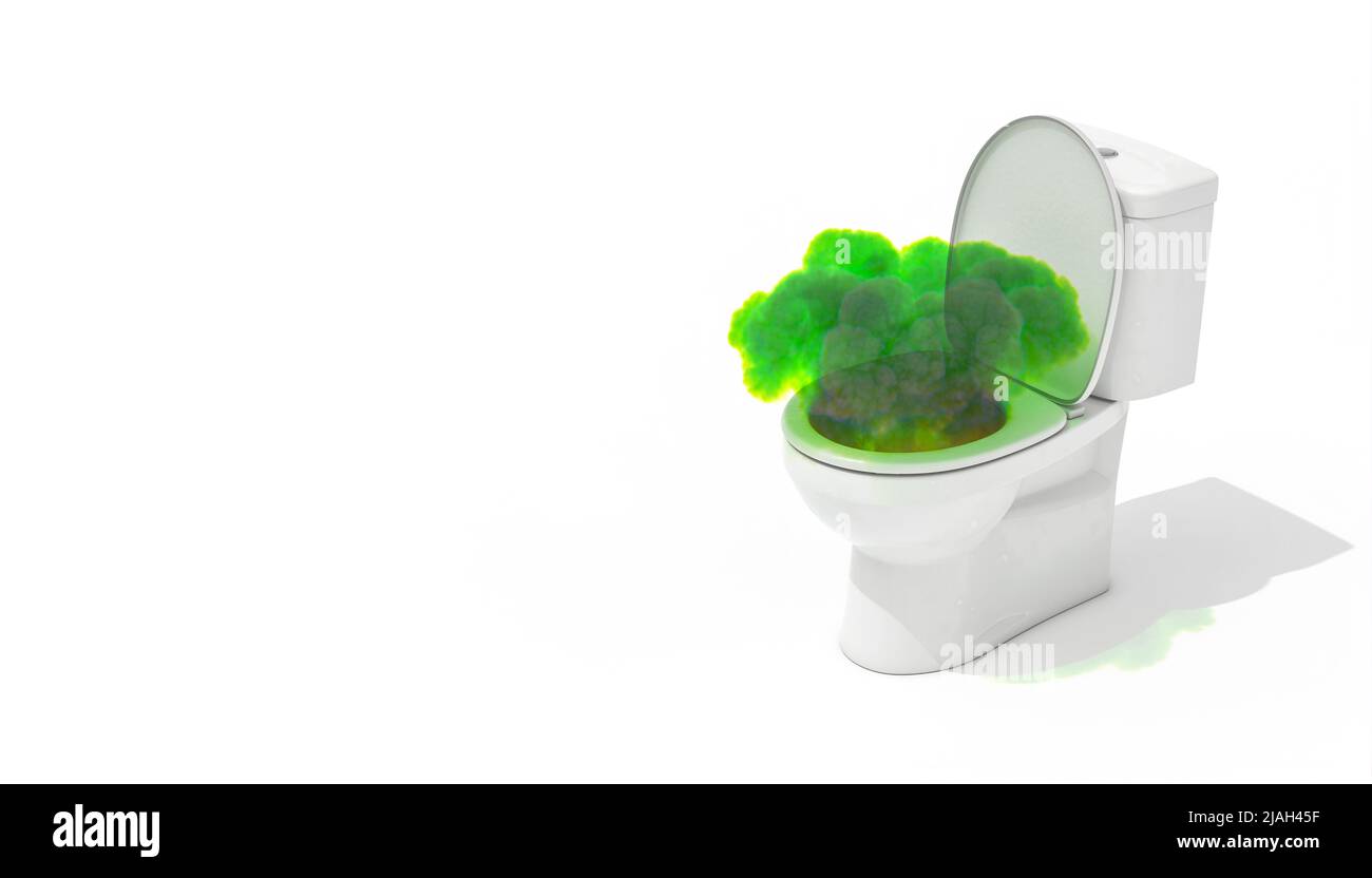 Grüne Wolke von schlechten Gerüchen, die aus einer Toilette kommen. 3D Rendern. Stockfoto