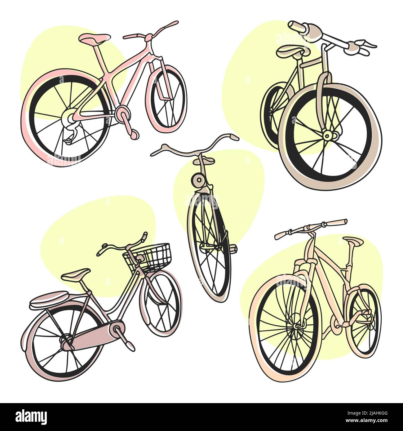 set-von-doodle-stil-fahrr-der-in-pastellfarben-lineare-vektor