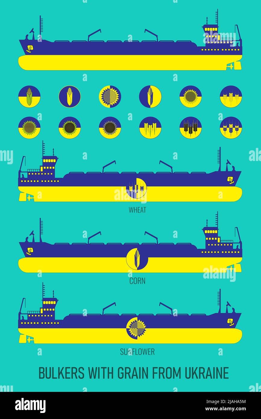 Icon Set von Trockenfrachtschiffen für den Transport von Massengetreide und Ikonen von Getreide, Mais, Sonnenblumen in den Farben der Flagge der Ukraine. Konstruktor f Stock Vektor