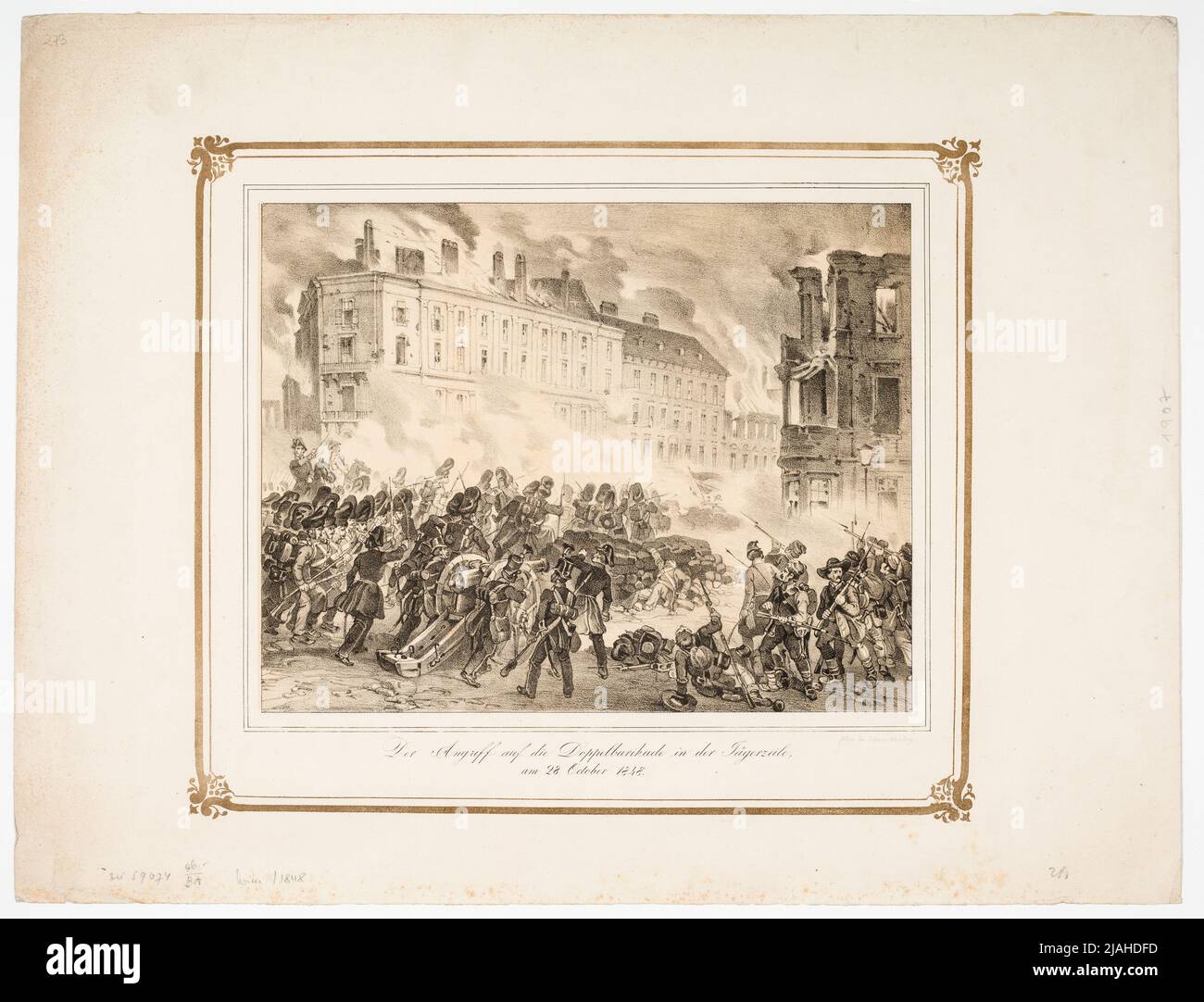 'Der Angriff auf die Doppelbarikade in der Jägerzeile, / am 28. Oktober 1848.'. Johann Schönberg (1780-1863), Lithographie Stockfoto