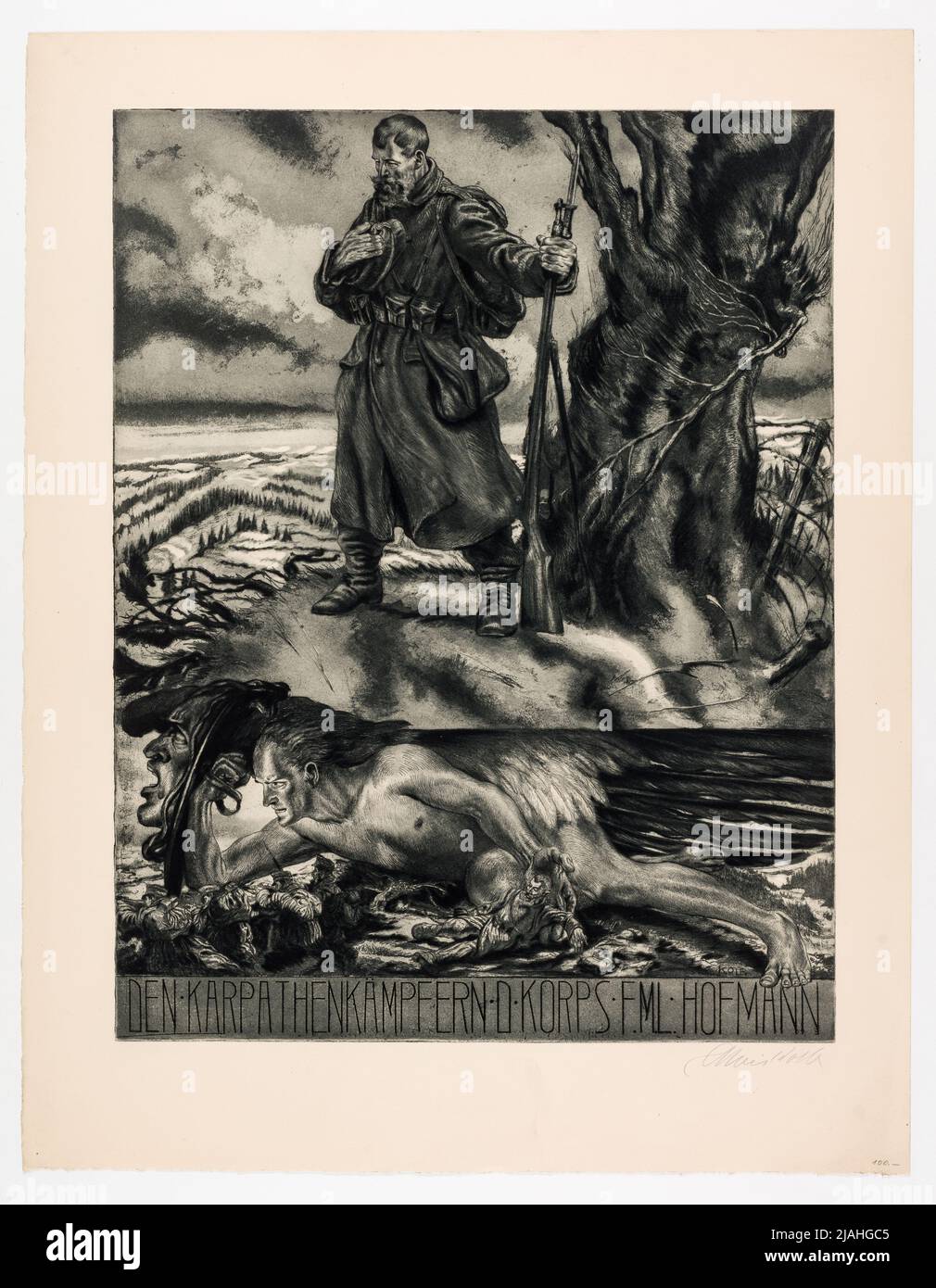 Gedenkblatt: 'Die Karpatenjäger D Korps FML Hofmann'. Alois Kolb (1875-1942), Etcher Stockfoto