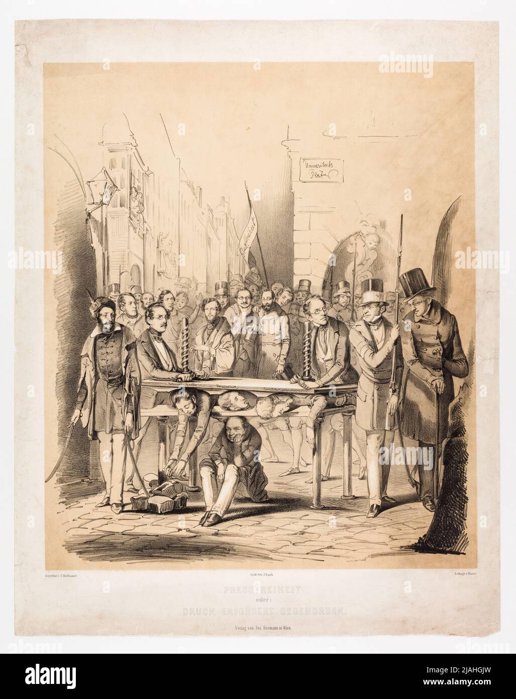 „Pressfreiheit / oder: / Druck erfordert Gegendruck.“ (Karikatur). Josef Anton Bauer (1820-1905), lithographisch, nach: C. Hofbauer, Drawer, Johann Rauh (1803-1863), Drucker, Josef Bermann (1810-1886), Verleger Stockfoto