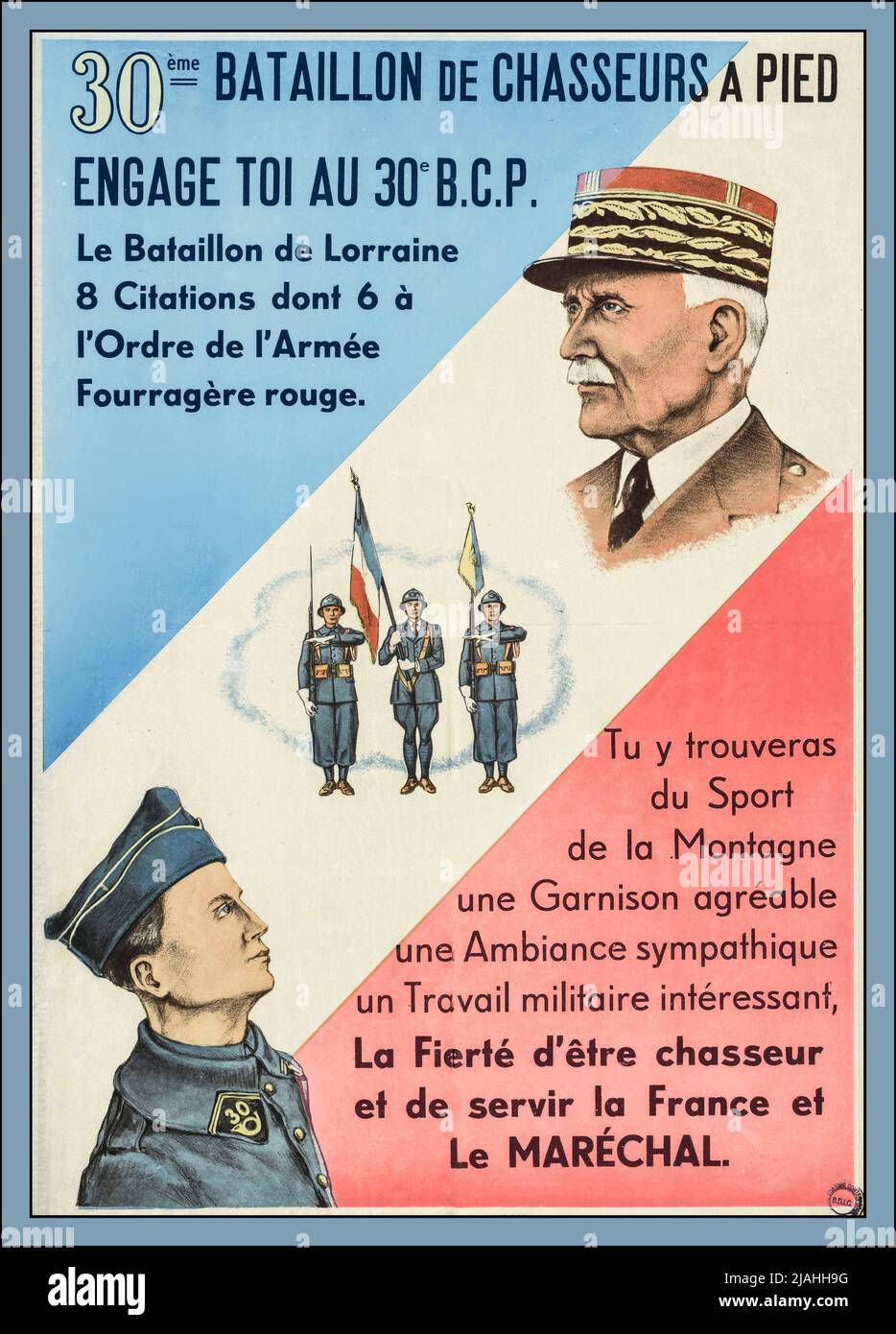 Jahrgang WW2 Marschall Pétain (Französisch: Maréchal Pétain) Vichy France Rekrutierungsplakat Vichy Army Rekrutierungsplakat - 30. Bataillon von Fußjägern, stolz auf seine Jägerschaft und seinen Dienst an Frankreich und Le Maréchal Petain WW2 Weltkrieg Stockfoto