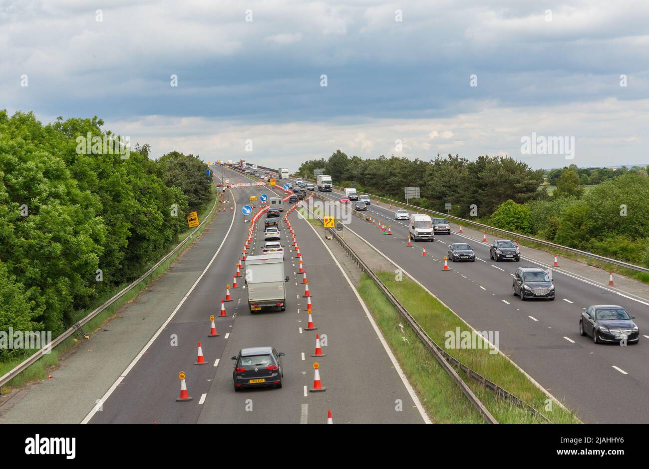 Ouse Bridge repariert die Autobahn M62 zwischen Goole und Howden, East Yorkshire, Großbritannien, und verursacht kilometerlange Rückschläge nach Osten. Mai 2022 Stockfoto