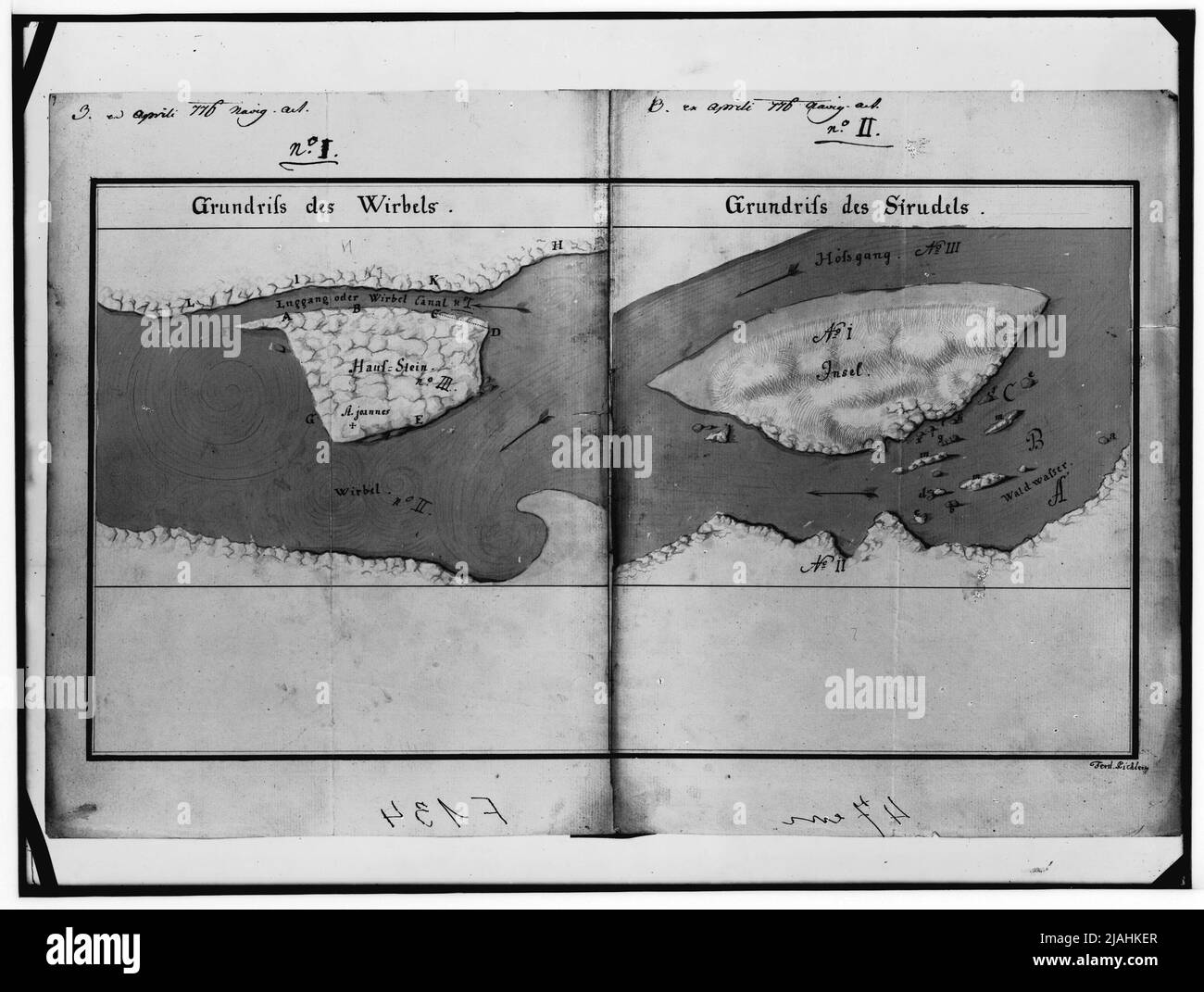 Fundriß des Donauwirbels bei Struden/Grein (1776) Stockfoto