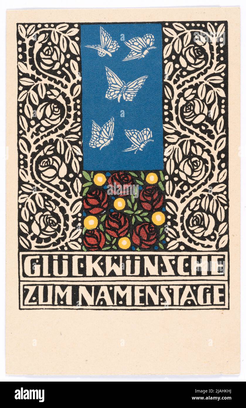 Postkarte der Wiener Werkstätte Nr. 17: Grußkarte zum Namenstag. Gustav Kalhammer (1886-1919), Künstler, Wiener Werkstätte, Verlag Stockfoto