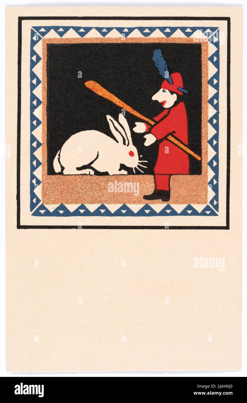 Postkarte der Wiener Werkstätte Nr. 31: Kasperltheater (Kasperl und Kaninchen). Hans Kalmsteiner (1882-1914), Künstler, Wiener Werkstätte, Verlag Stockfoto