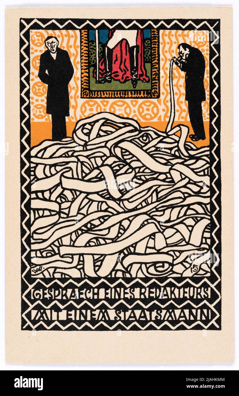 Postkarte der Wiener Werkstätte Nr. 52: 'Gespräch eines Redakteurs mit einem Staatsmann'. Moriz Jung (1885-1915), Künstler, Wiener Werkstätte, Verlag Stockfoto