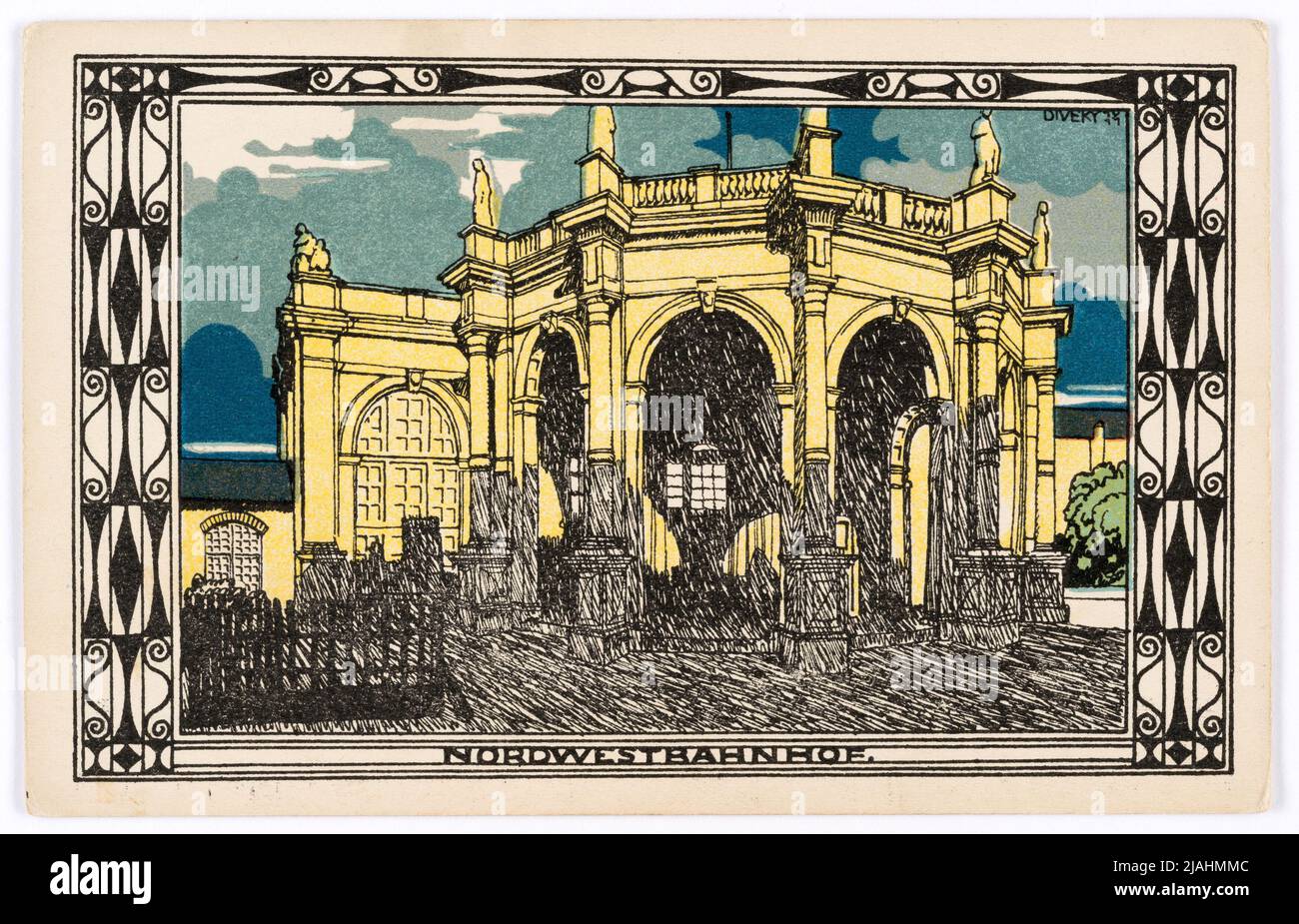 Postkarte der Wiener Werkstätte Nr. 404: Nordwest-Bahnhof. Josef (József) von Diveky (Divéky) (1887-1951), Künstler, Wiener Werkstätte, Verlag Stockfoto