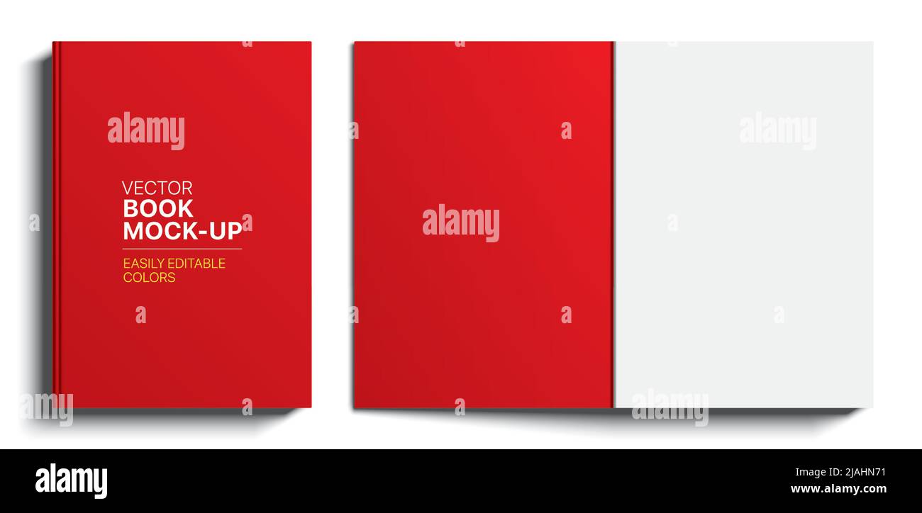 Rotes Buchcover realistisches Vektormockup. Geschlossenes und geöffnetes Buch isoliert auf weißem Hintergrund. Stock Vektor