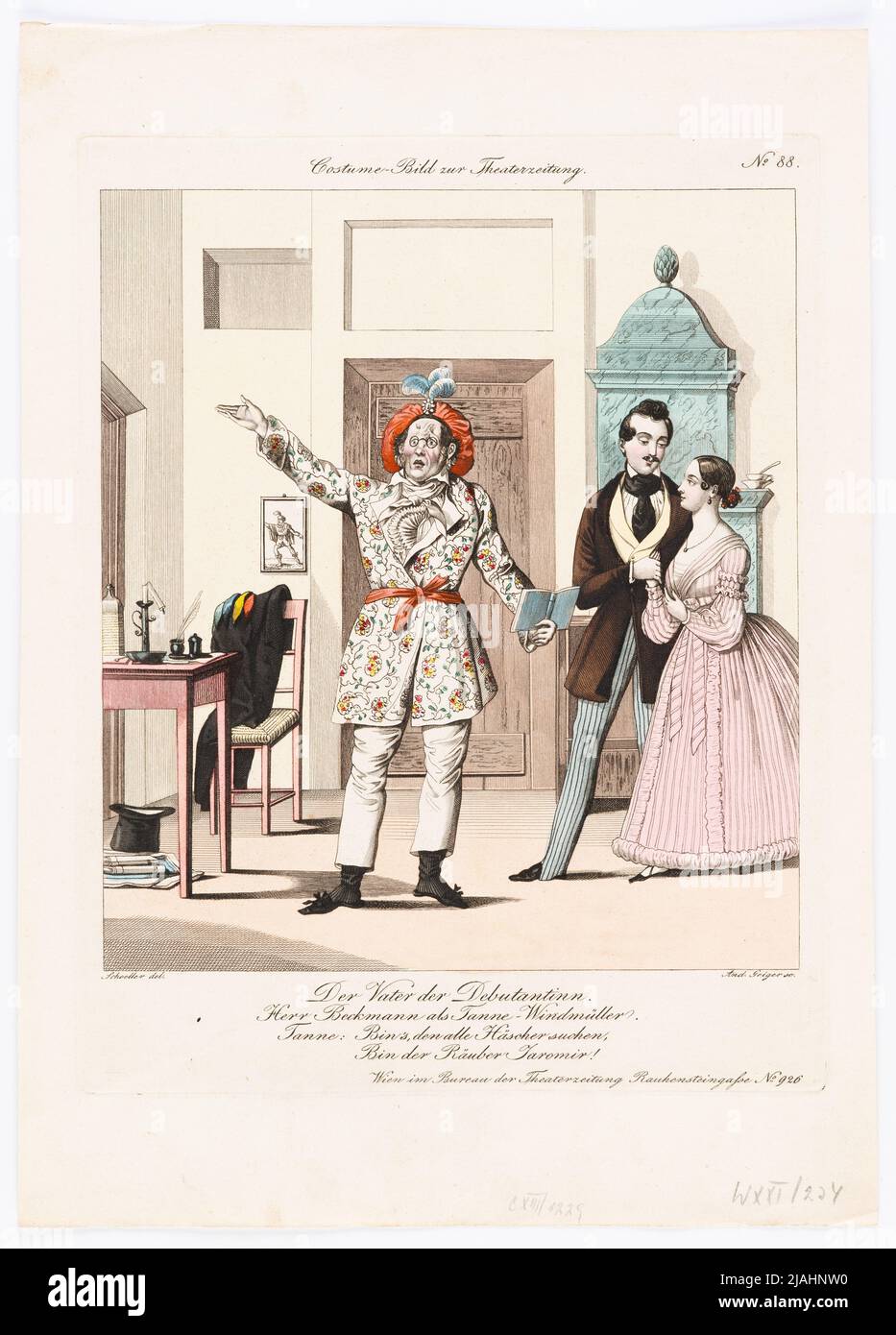 Friedrich Beckmann und zwei nicht erwähnte Schauspieler in 'der Vater der defekten Agentur' (Kostümbild Nr. 88 für die Theaterzeitung). Andreas Geiger (1765-1856), Kupferstecher, nach: Johann Christian Schoeller (1782-1851), Künstler Stockfoto