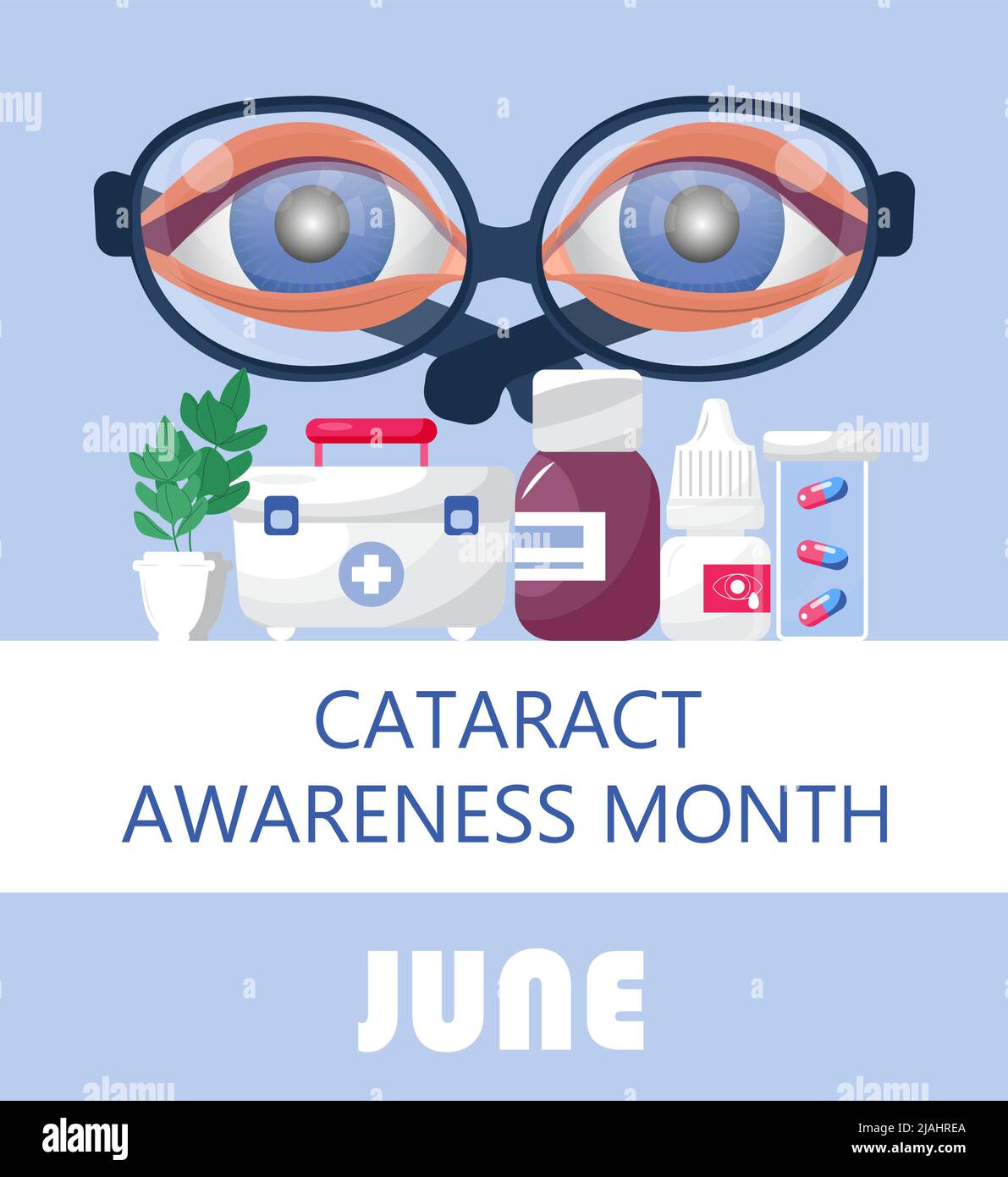 Im Juni wird der Monat des Kataraktbewusstseins gefeiert. Glaukom-Erkrankung und Nephropathie Probleme. Augenarzt, okulistisches Konzept Illustration. Augenlicht che Stock Vektor