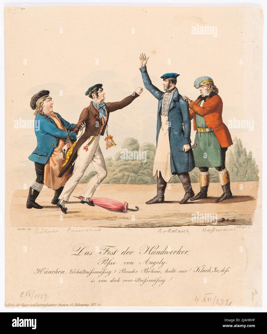 „Das Fest der Handwerker“, Posse of Angely (Galerie Droller Scenen für die Theaterzeitung, 5., Nr. 11). Andreas Geiger (1765-1856), Kupferstecher, nach: Johann Christian Schoeller (1782-1851), Künstler Stockfoto