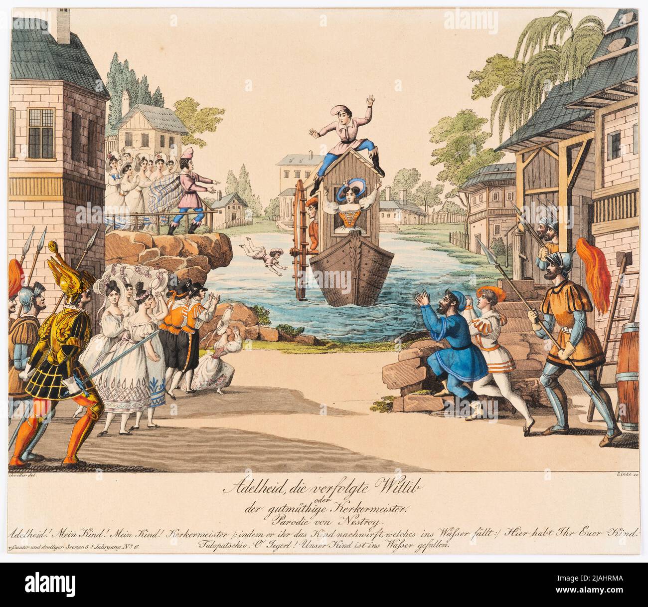 'Adelheid, der verfolgte Wittib oder der gutmütige Kerker', Parodie auf Nestroy (Galerie interessanter und lustiger Szenen für die Theaterzeitung, 5.. Jahrgang, Nr. 6). Andreas Geiger (1765-1856), Kupferstecher, nach: Johann Christian Schoeller (1782-1851), Künstler Stockfoto