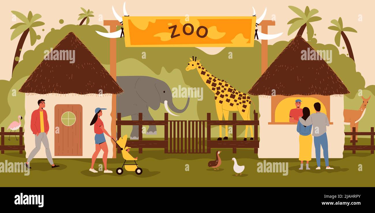 Zoo Eingang Hintergrund mit Karten Tiere und Besucher flache Vektor-Illustration Stock Vektor
