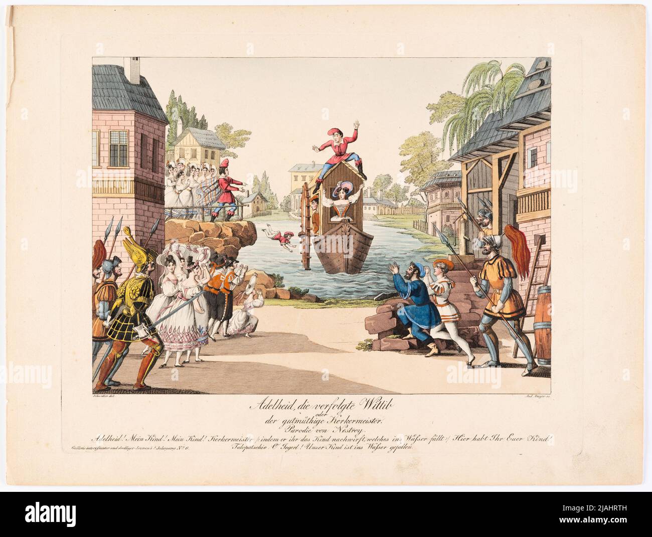 'Adelheid, der verfolgte Wittib oder der gutmütige Kerker', Parodie auf Nestroy (Galerie interessanter und lustiger Szenen für die Theaterzeitung, 5.. Jahrgang, Nr. 6). Johann Wenzel Zinke (1782-1851), Kupferstecher, nach: Johann Christian Schoeller (1782-1851), Künstler Stockfoto