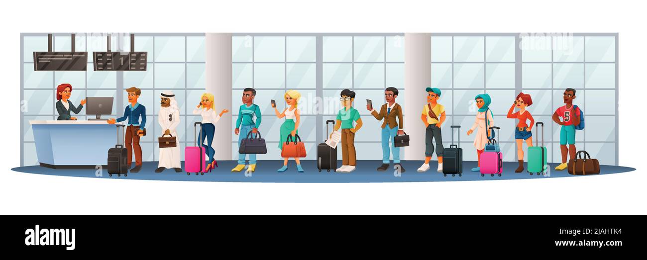 Cartoon-Figuren Vielfalt horizontale Zusammensetzung mit Warteschlange zum Flughafenschalter mit internationalen Passagieren Flug Check in Vektor-Illustration Stock Vektor