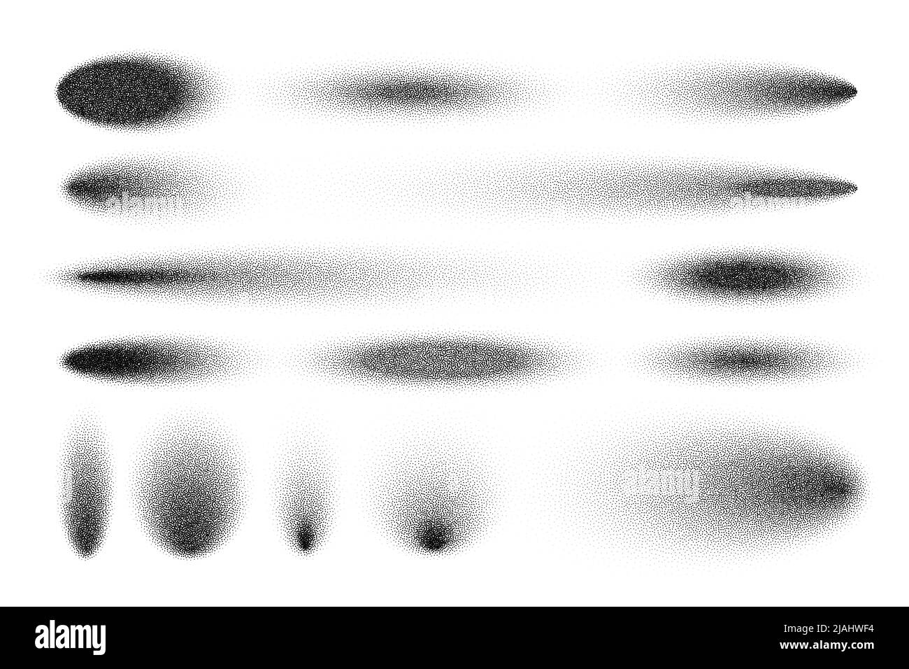 Gestrichelte Schatten, gepunktete Designelemente. Verblassender Verlauf. Stippeln, Dotwork-Zeichnen, Schattierung mit Punkten. Pixelzerfall, Halbtoneffekt Stock Vektor