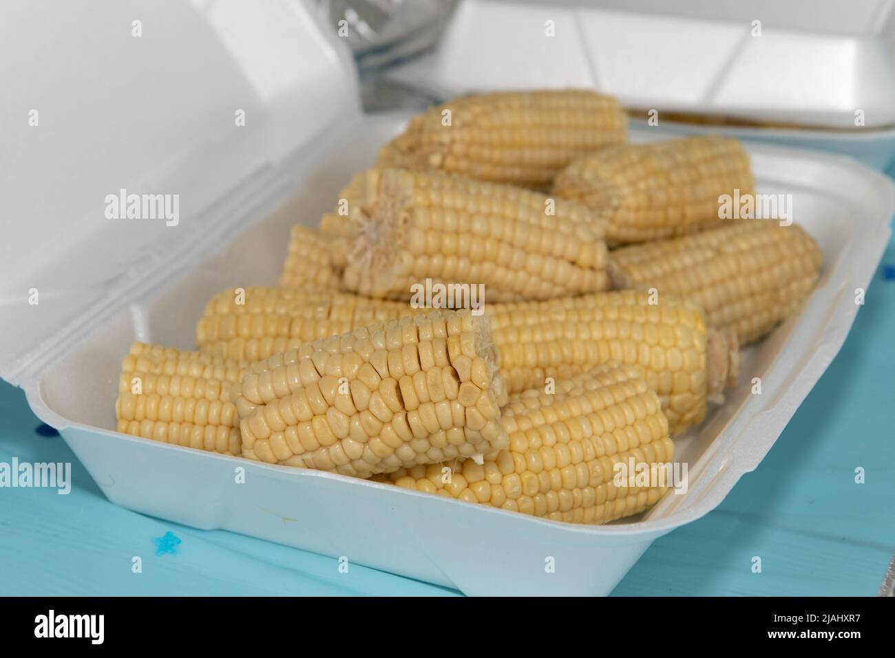Gekochte Mais auf dem cobb werden in zwei Hälften geschnitten und auf einen Teller geladen, der gegessen werden soll. Stockfoto