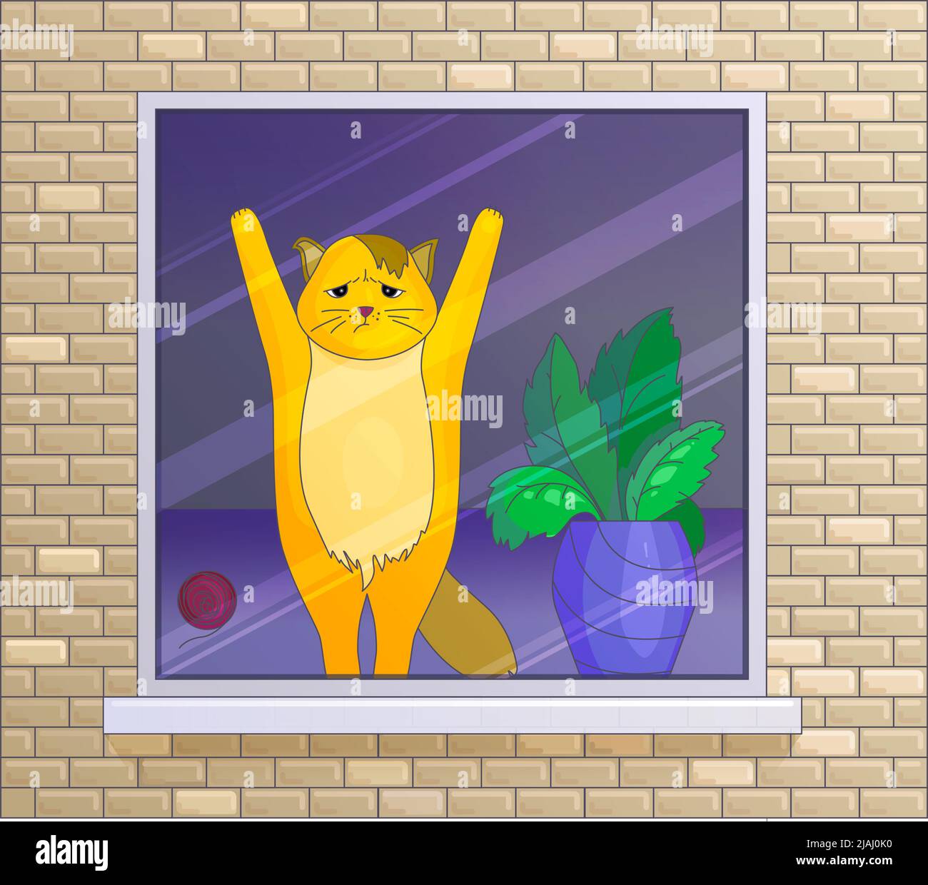 Orangefarbene Katze steht am Fenster und wartet. Haustier mit Blick aus dem Fenster Stock Vektor